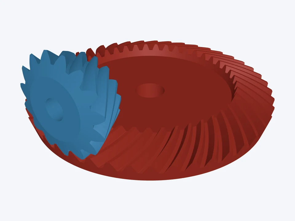 A spiral bevel pair in 3D: a 15-tooth pinion and a 45-tooth gear with 35° spiral teeth, 3 : 1
