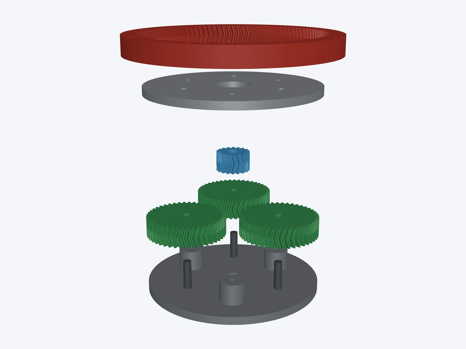 Planetary Gear Designer: a planetary set in 3D, sun, planets, ring and carrier