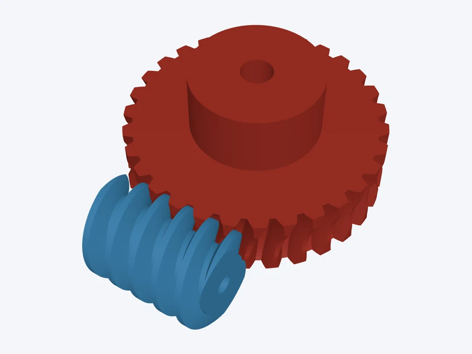 A 2-start worm driving a 30-tooth throated worm wheel with a hub, 15 : 1, in 3D