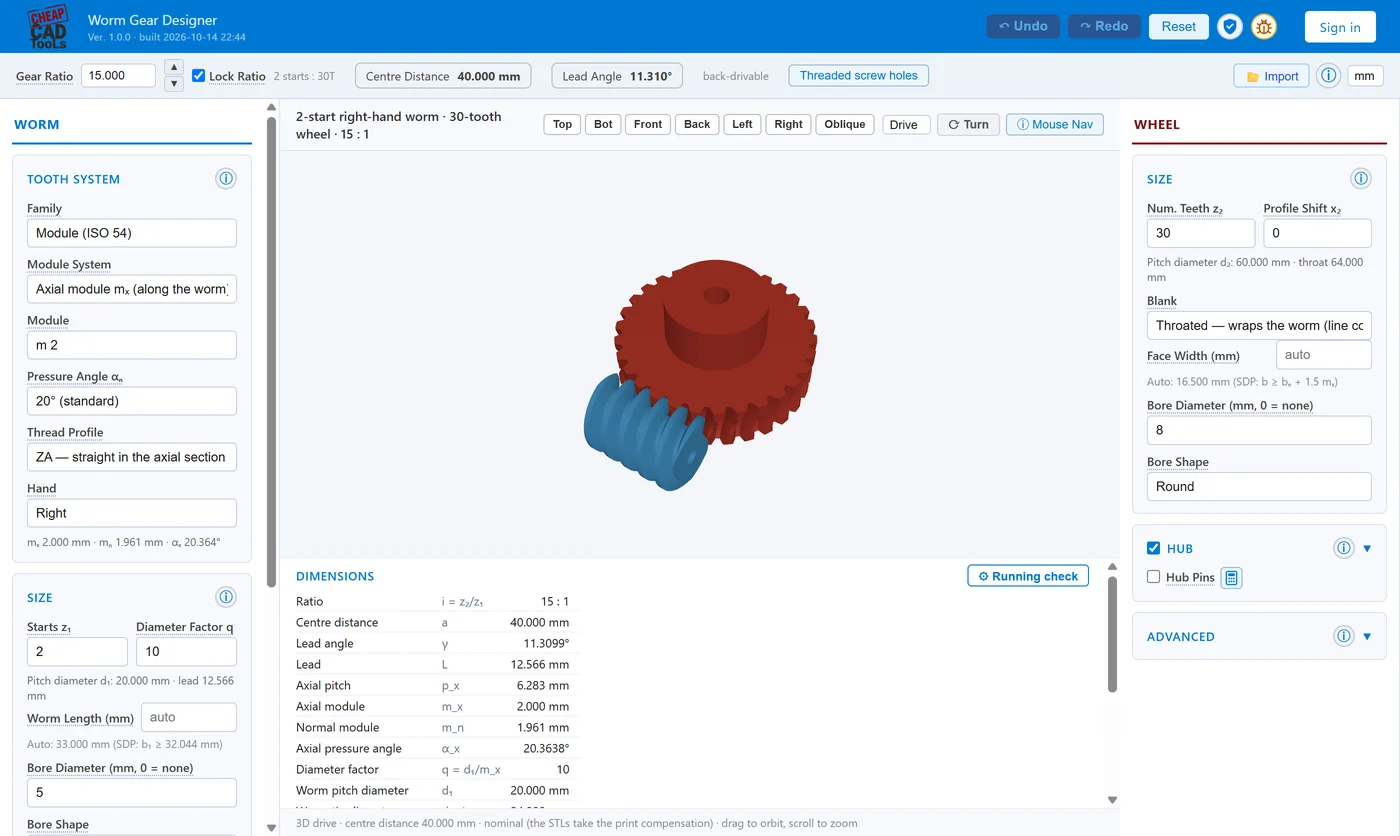 Worm Gear Designer: a 2-start worm and a 30-tooth wheel in 3D, with the settings and Dimensions panels