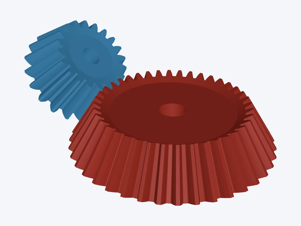 45° shaft angle · 2 : 1: the pinion and gear in 3D