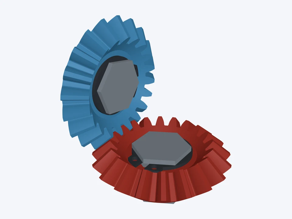 Miter pair · 16 DP on ½" hex: the pinion and gear in 3D