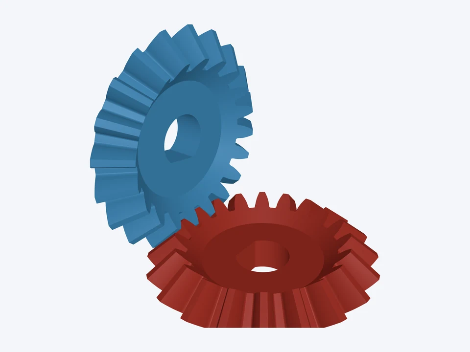Miter pair · module 1, printed: the pinion and gear in mesh
