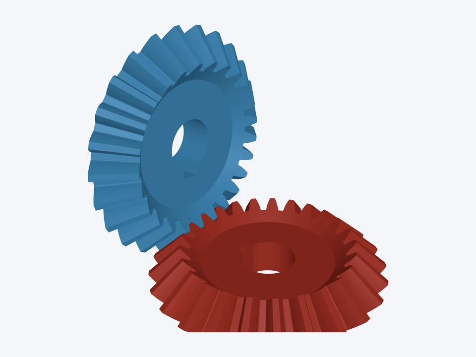 Miter pair · module 2, keyed: the pinion and gear in 3D