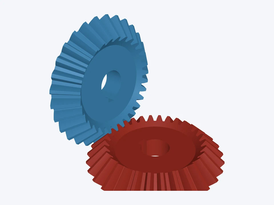 Miter pair · module 3, 30 teeth: the pinion and gear in 3D