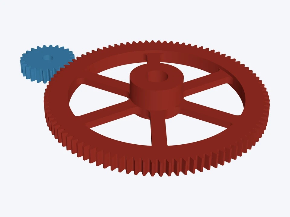 24T : 96T · 4 : 1, a 294 mm spoked gear: both parts in 3D