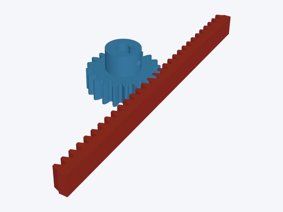 20T pinion and rack · module 1.5: both parts in 3D