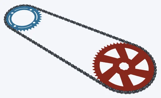 MTB 34T · 10-52, lowest gear, 34T × 52T · racer's ring: both sprockets and the chain in 3D