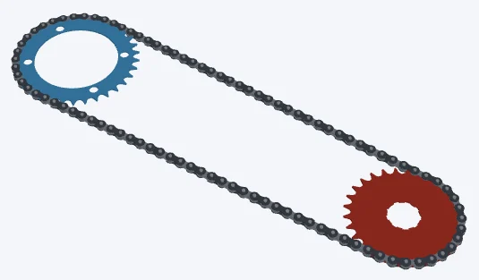 Road 50/34 · 11-28, lowest gear, 34 × 28 · compact lowest gear: both sprockets and the chain in 3D