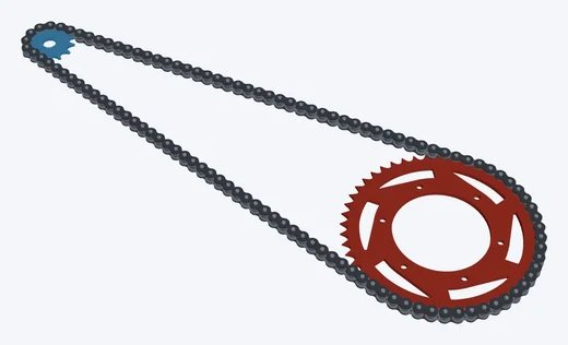 13/49 · 520, YZ250F · 13/49 offset spokes: both sprockets and the chain in 3D