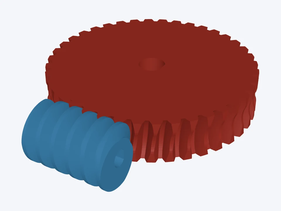 40 : 1 · module 1.5 on D-flat shafts: the worm and wheel in 3D